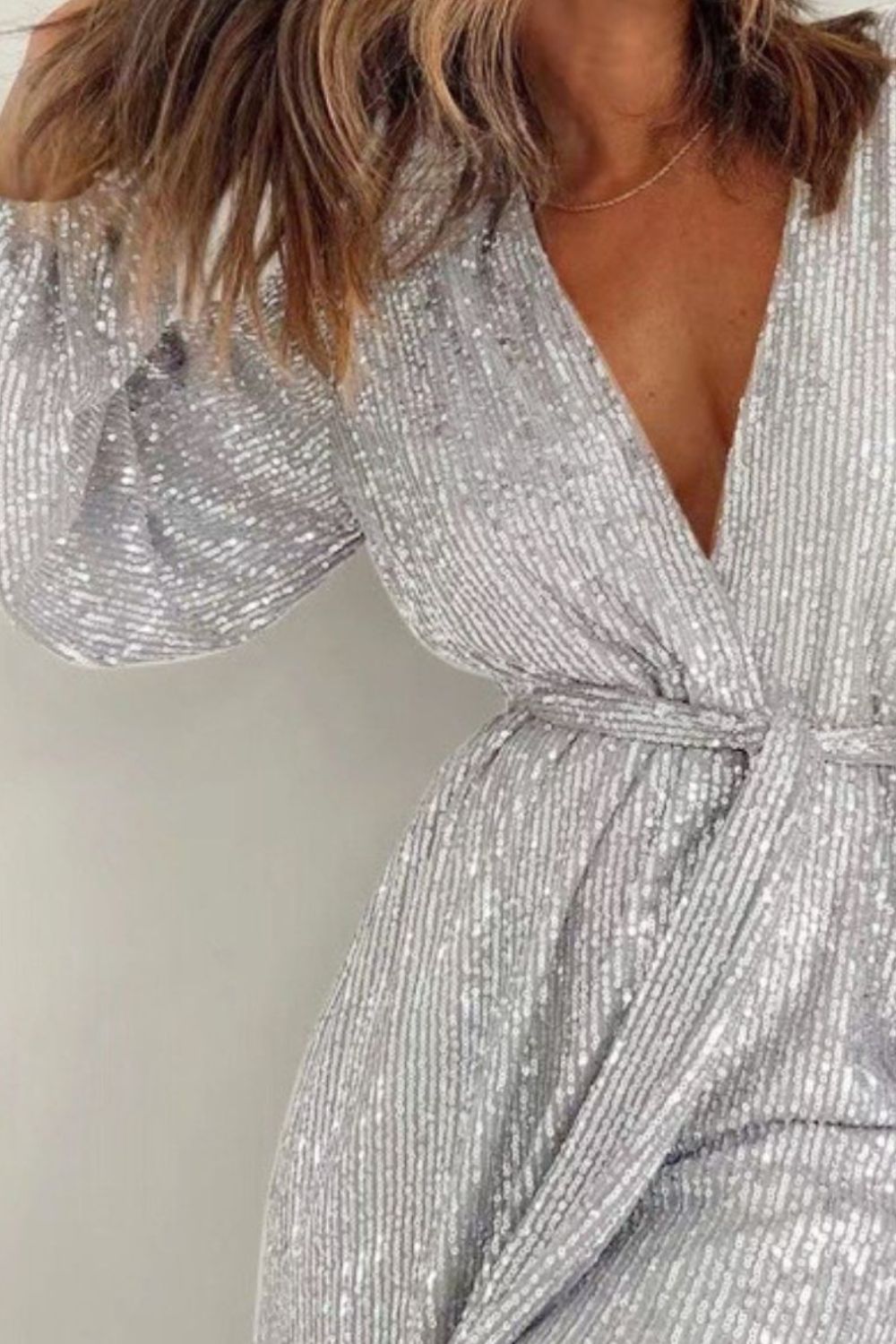 Full Size Sequin Surplice Romper | Glamorous Tie-Waist Long Sleeve One-Piece