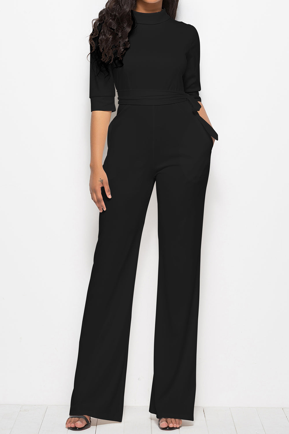 Mock Neck Tie-Waist Half Sleeve Jumpsuit – Chic & Elegant