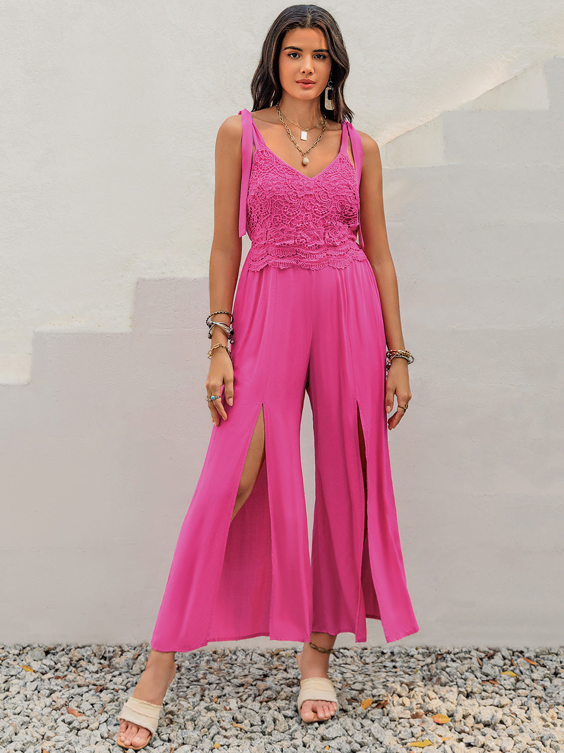 V-Neck Wide Strap Slit Jumpsuit – Elegant & Stylish