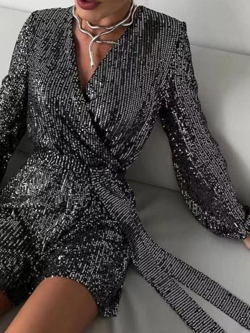 Full Size Sequin Surplice Romper | Glamorous Tie-Waist Long Sleeve One-Piece