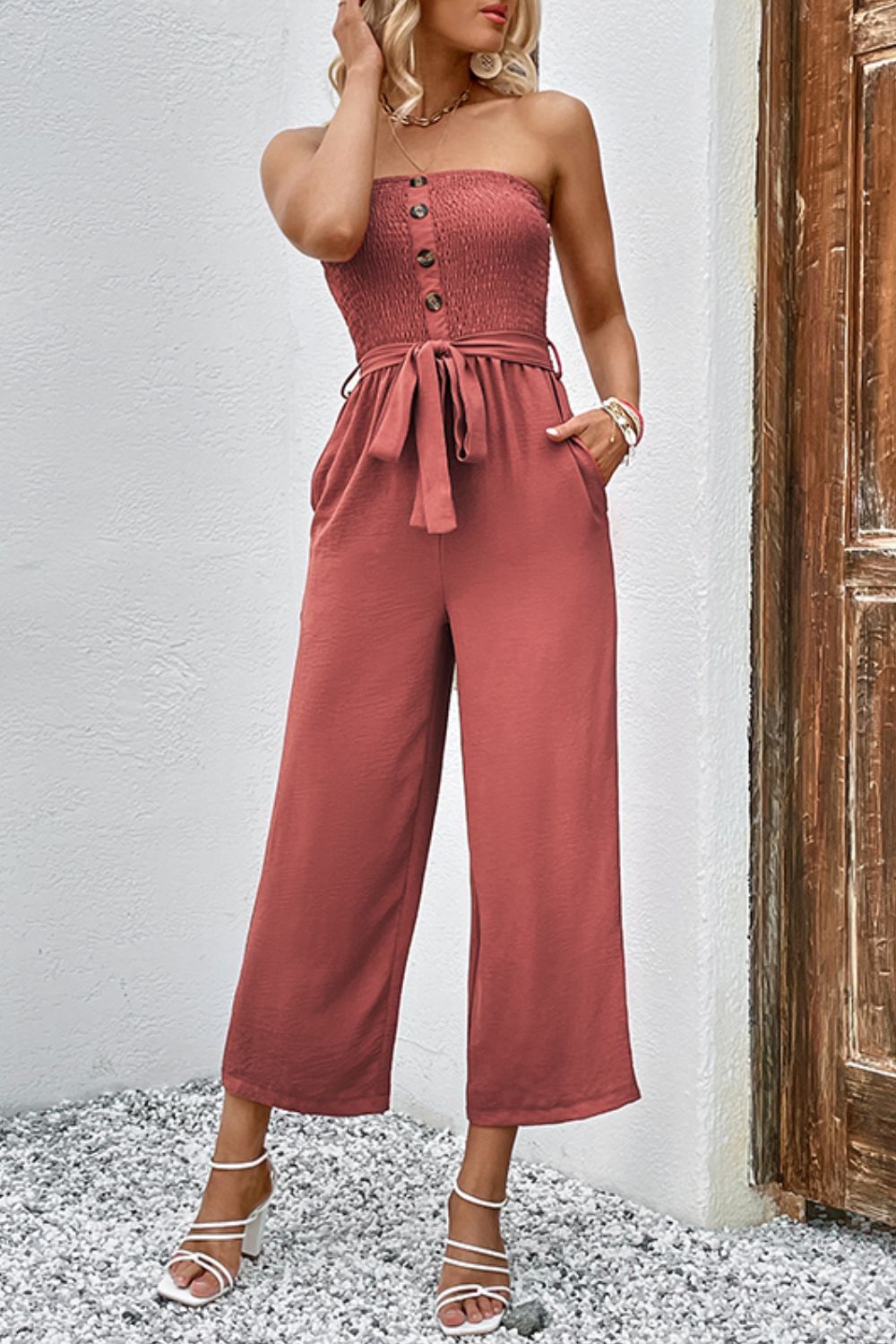 Decorative Button Strapless Smocked Jumpsuit with Pockets – Chic & Comfortable