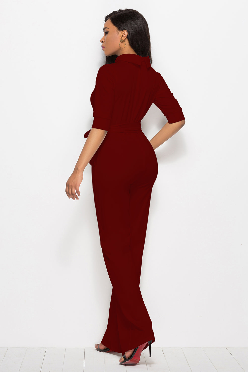 Mock Neck Tie-Waist Half Sleeve Jumpsuit – Chic & Elegant