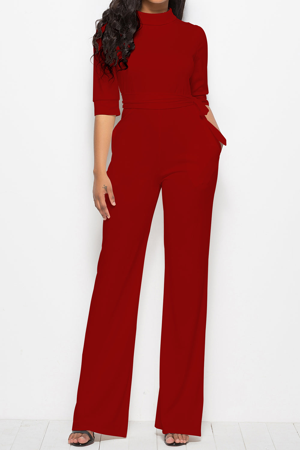 Mock Neck Tie-Waist Half Sleeve Jumpsuit – Chic & Elegant