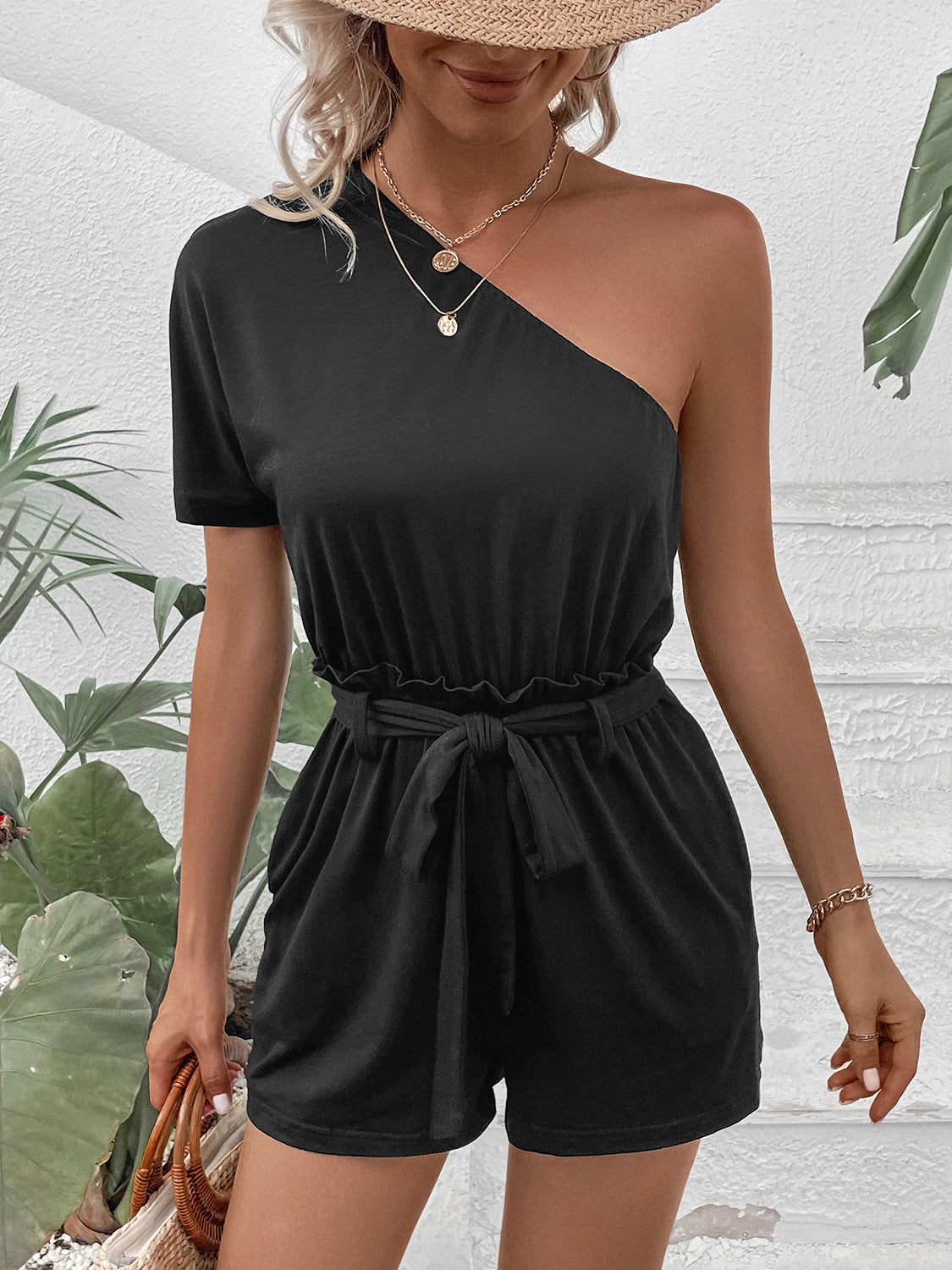 Single Shoulder Tie Waist Romper – Chic & Trendy