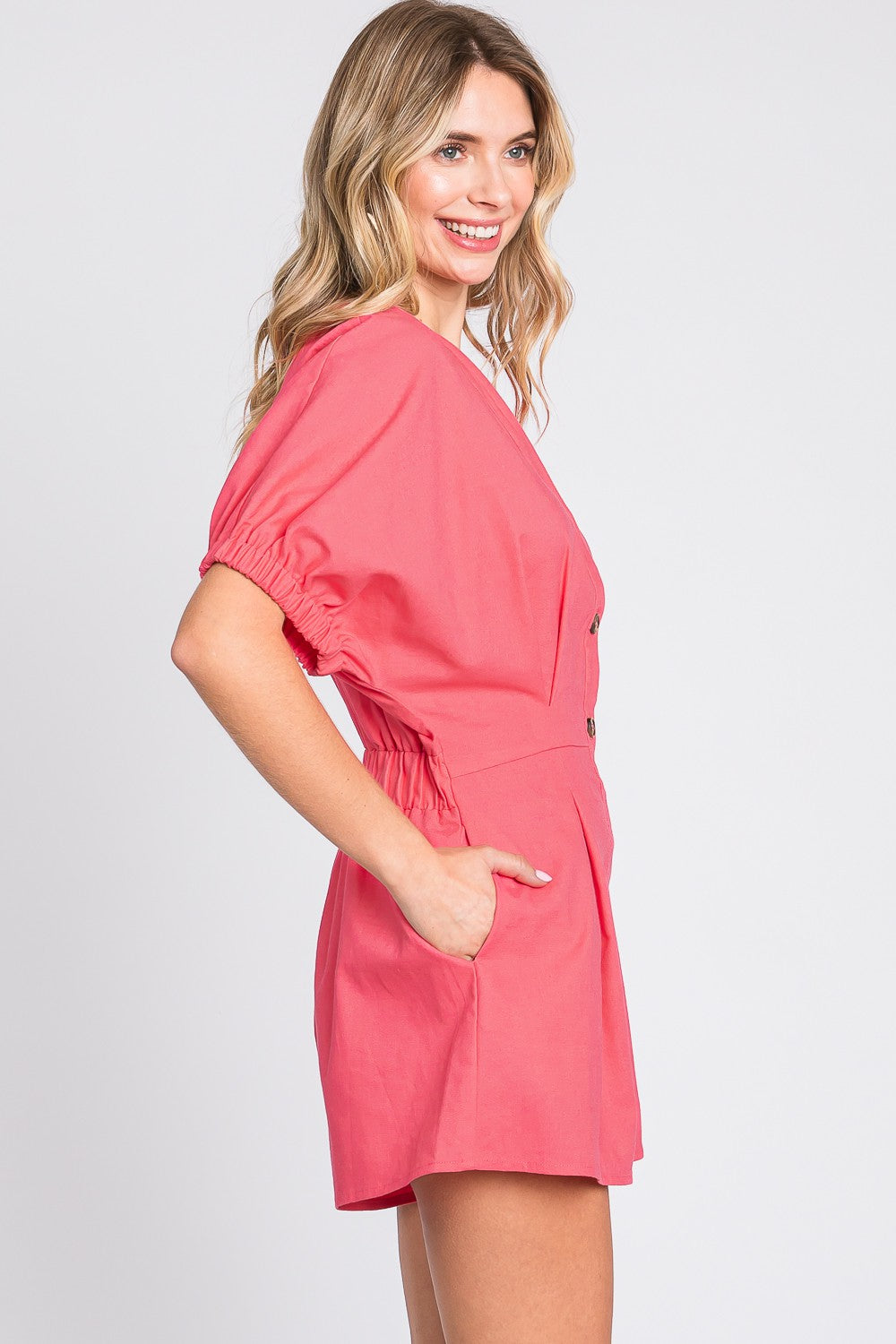 GeeGee Half Button V-Neck Linen Romper – Effortless & Chic