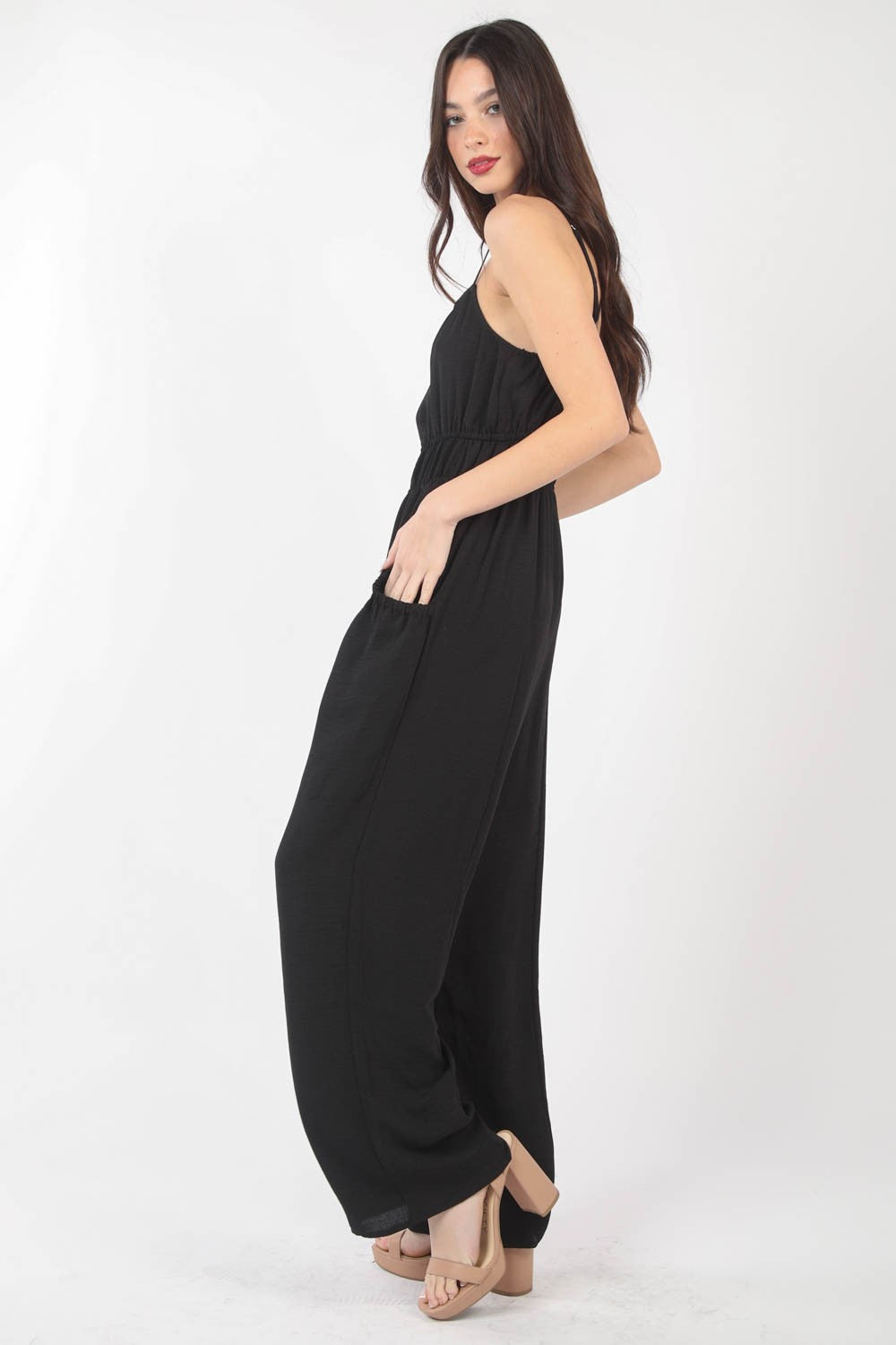 VERY J Pintuck Detail Woven Sleeveless Jumpsuit – Chic & Elegant