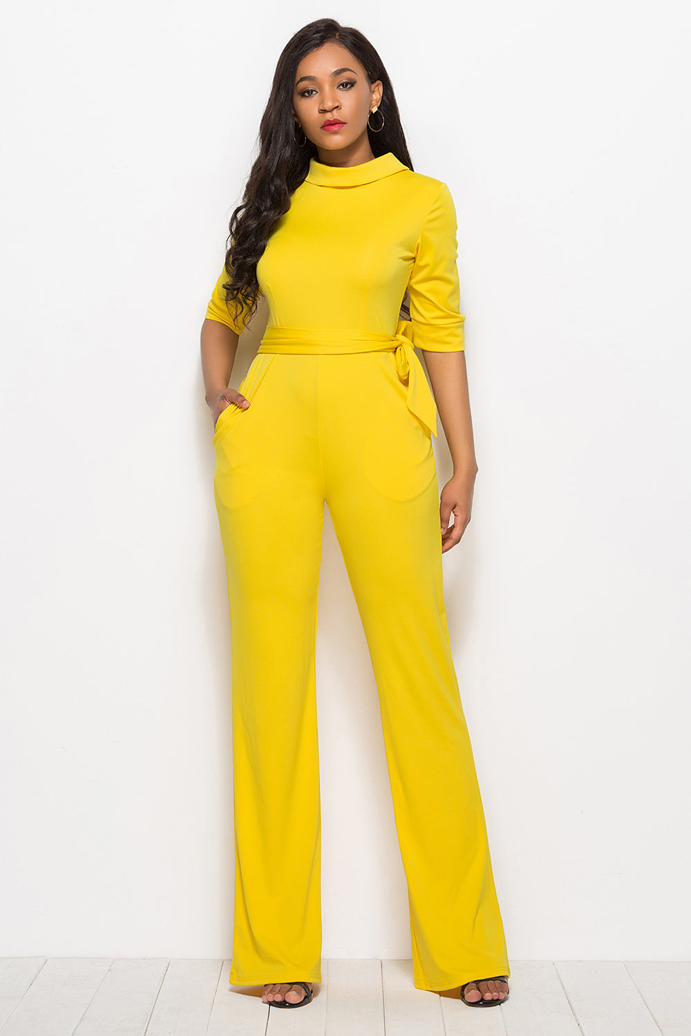 Mock Neck Tie-Waist Half Sleeve Jumpsuit – Chic & Elegant