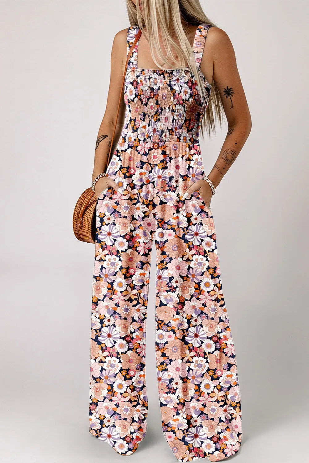 Floral Print Smocked High Waist Square Neck Jumpsuit