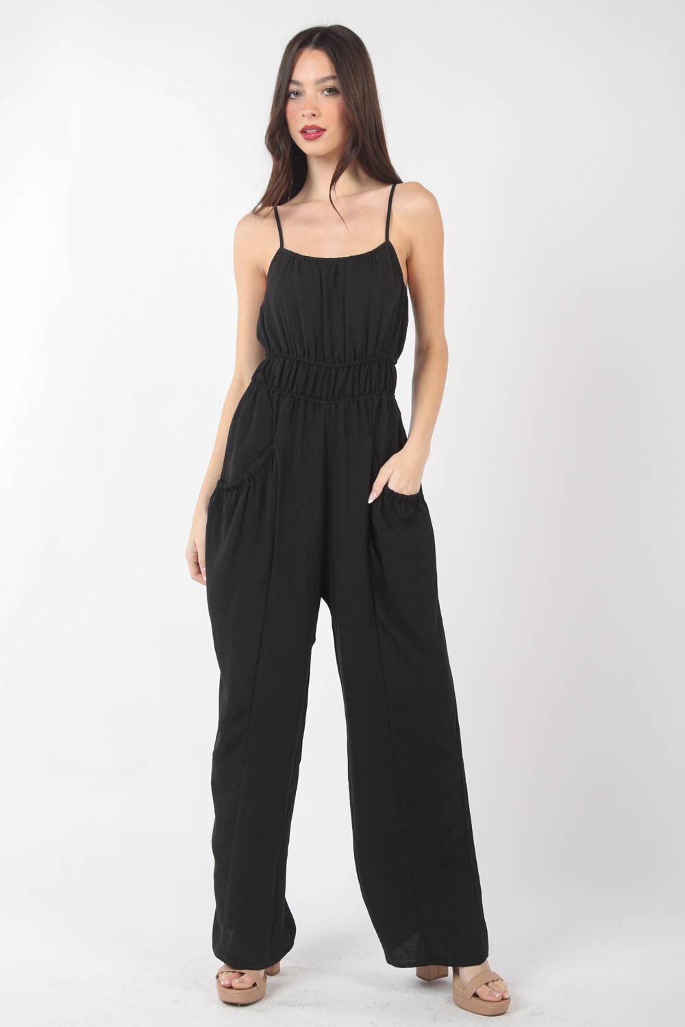 VERY J Pintuck Detail Woven Sleeveless Jumpsuit – Chic & Elegant