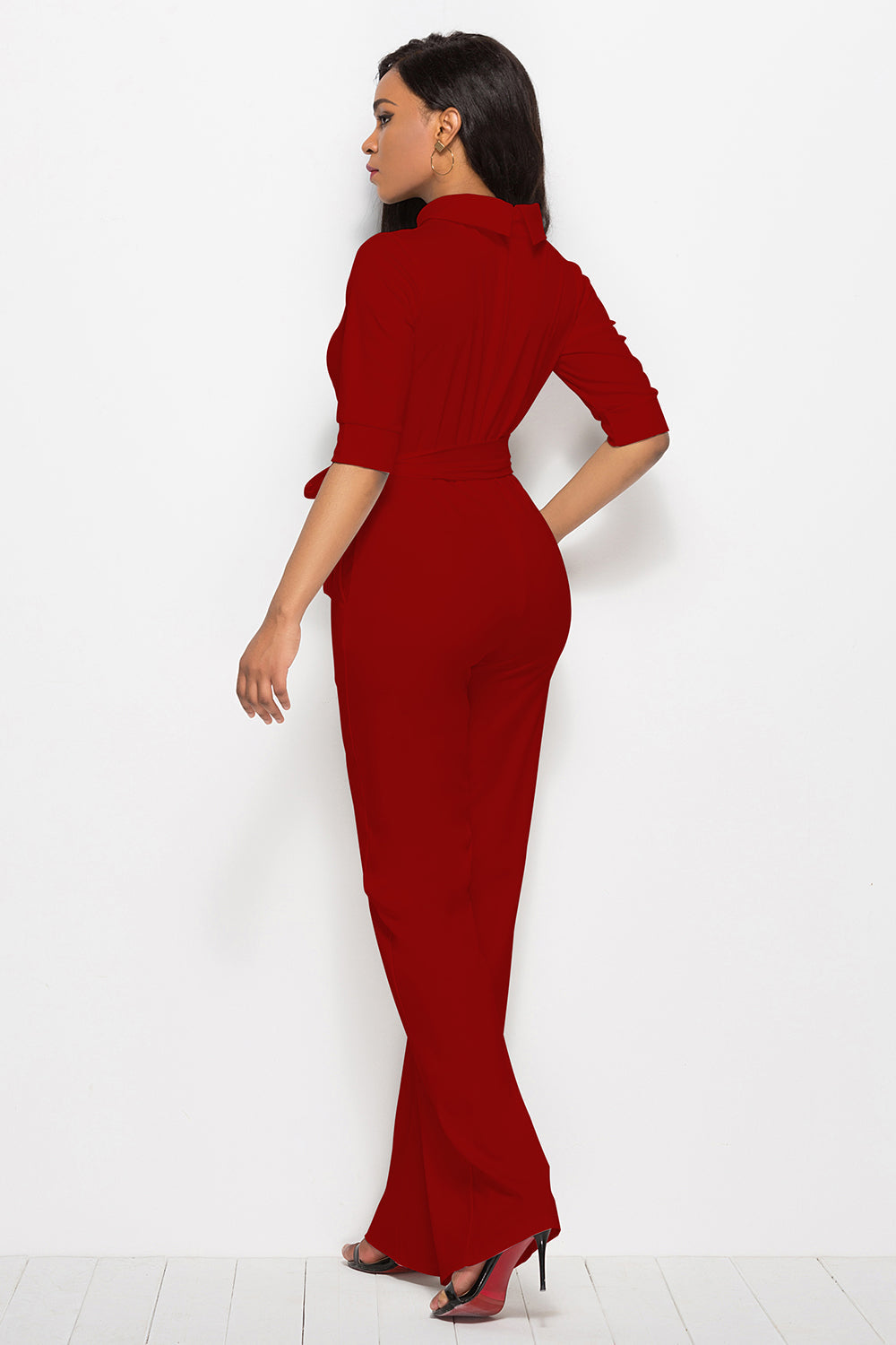 Mock Neck Tie-Waist Half Sleeve Jumpsuit – Chic & Elegant