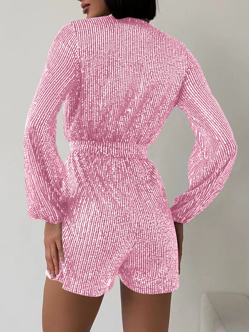 Full Size Sequin Surplice Romper | Glamorous Tie-Waist Long Sleeve One-Piece