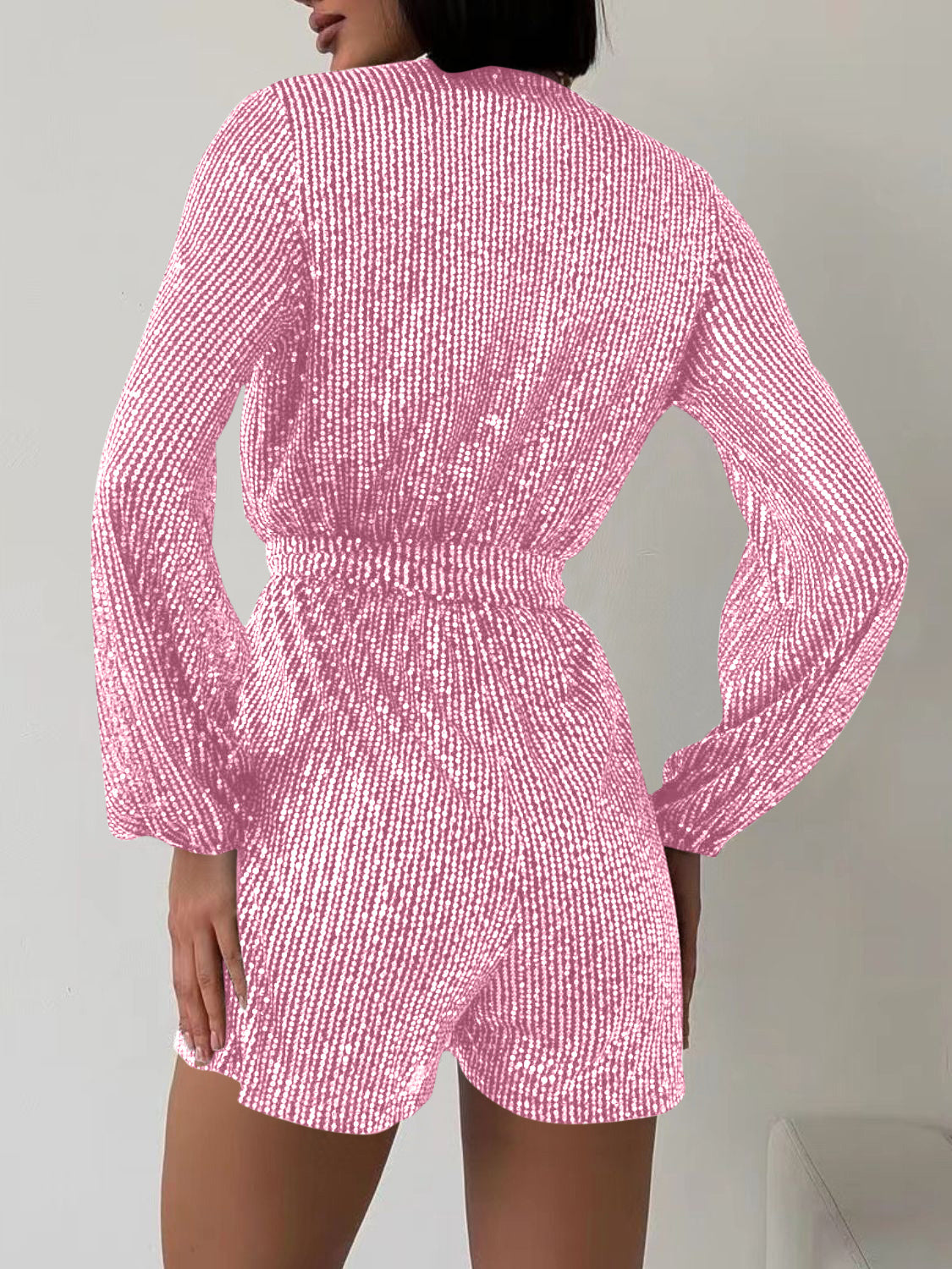 Full Size Sequin Surplice Romper | Glamorous Tie-Waist Long Sleeve One-Piece