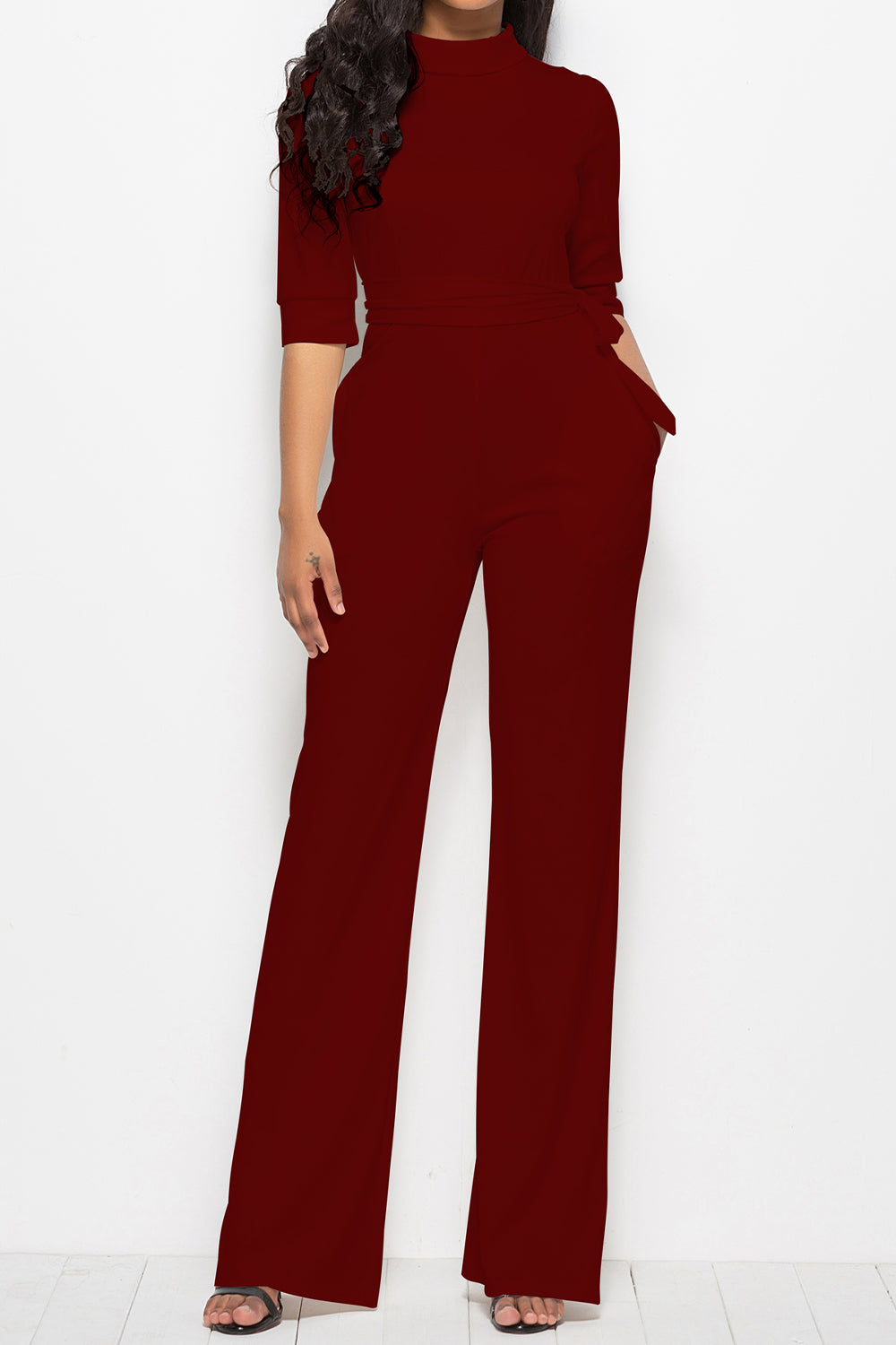 Mock Neck Tie-Waist Half Sleeve Jumpsuit – Chic & Elegant