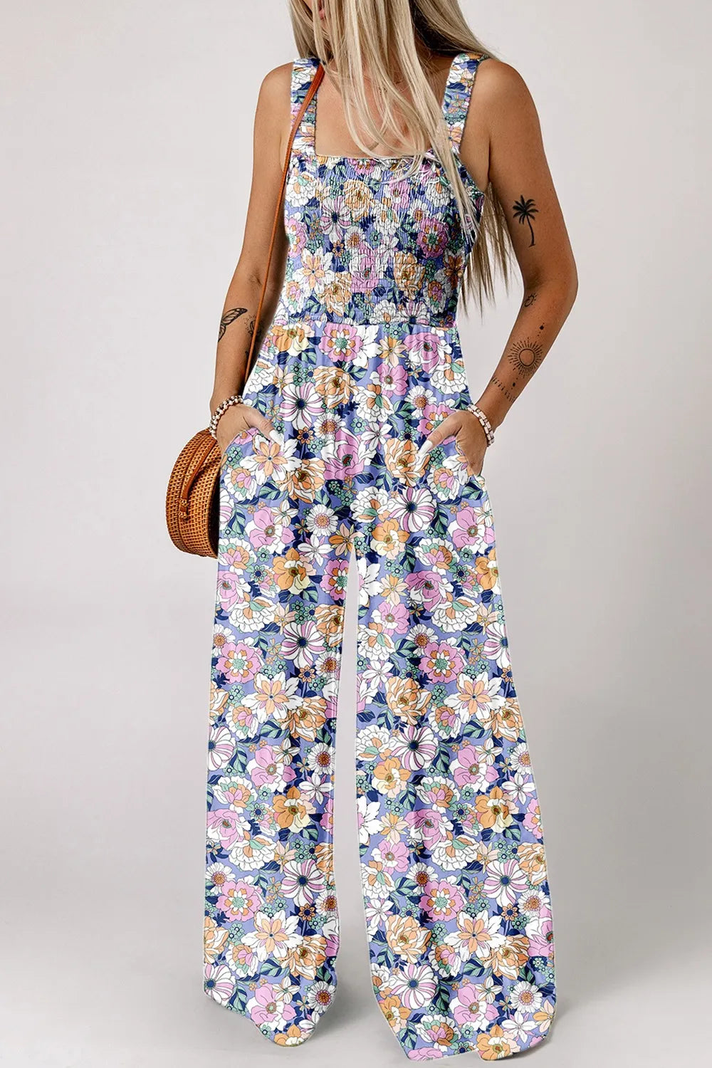 Floral Print Smocked High Waist Square Neck Jumpsuit