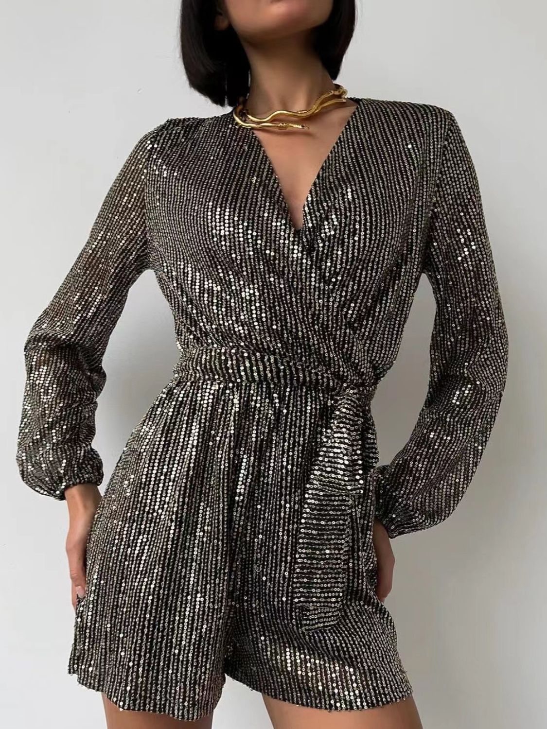Full Size Sequin Surplice Romper | Glamorous Tie-Waist Long Sleeve One-Piece