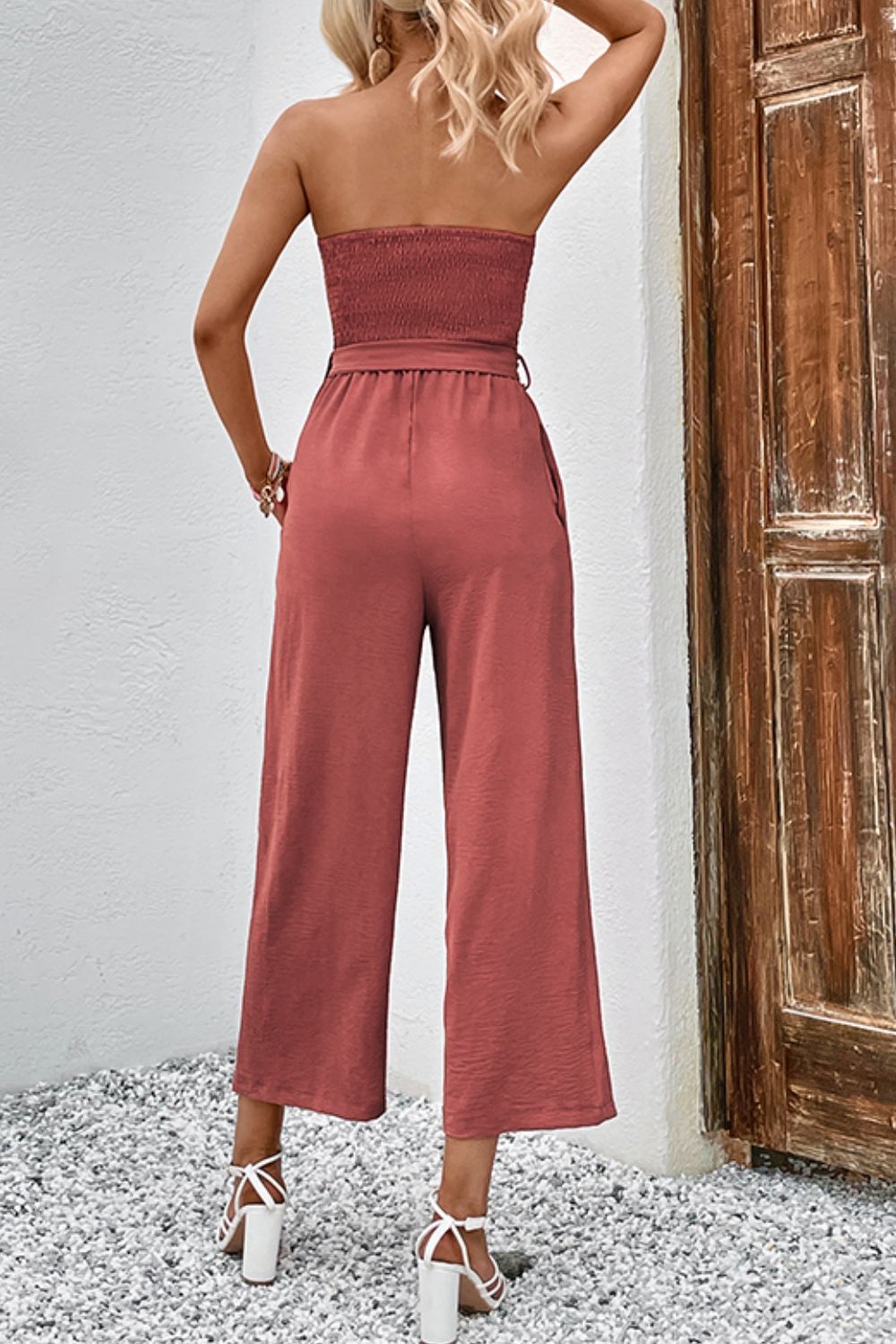 Decorative Button Strapless Smocked Jumpsuit with Pockets – Chic & Comfortable