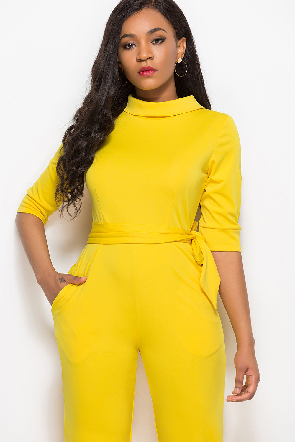 Mock Neck Tie-Waist Half Sleeve Jumpsuit – Chic & Elegant