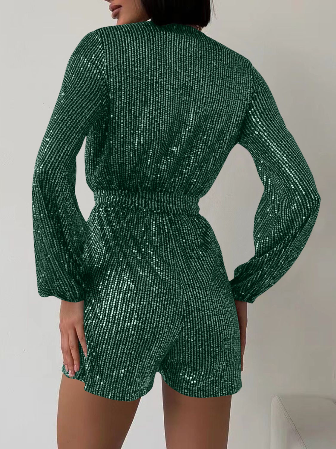 Full Size Sequin Surplice Romper | Glamorous Tie-Waist Long Sleeve One-Piece