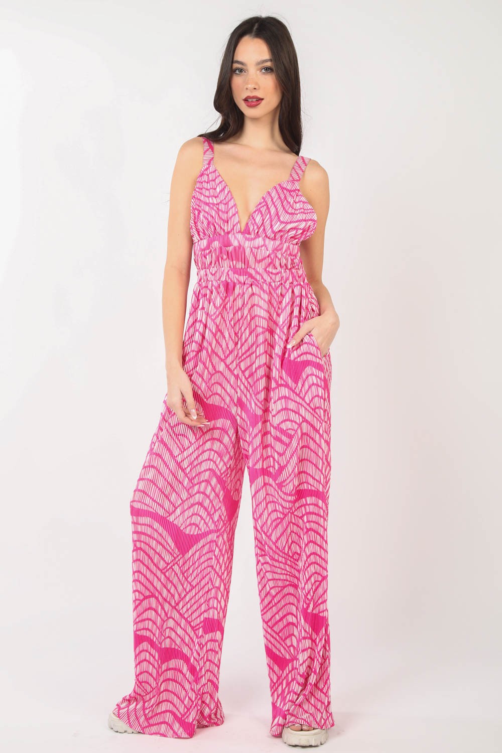 VERY J Printed Pleated Sleeveless Wide Leg Jumpsuit – Trendy & Elegant