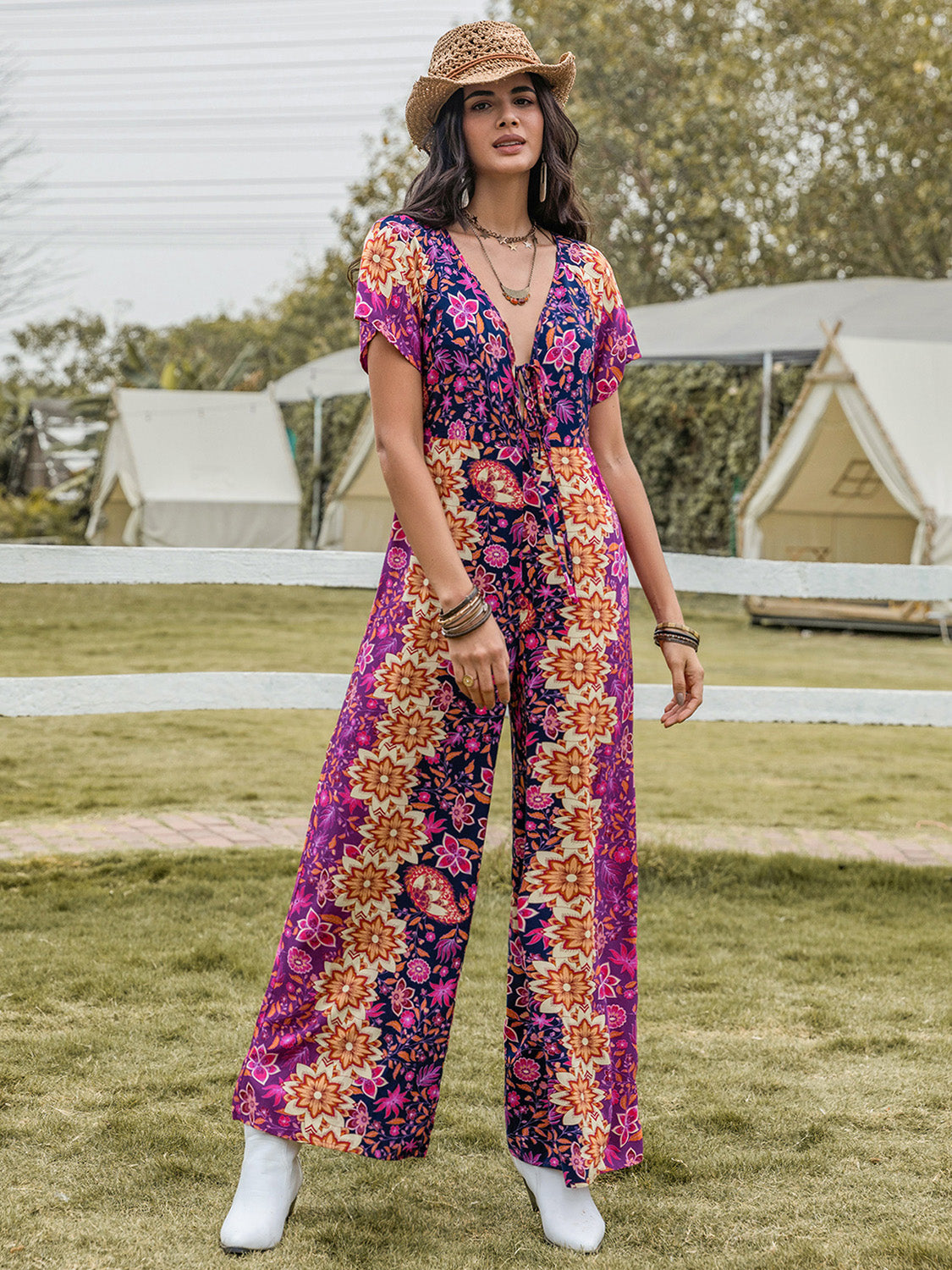 Tied V-Neck Short Sleeve Jumpsuit | Effortless Chic & Comfort