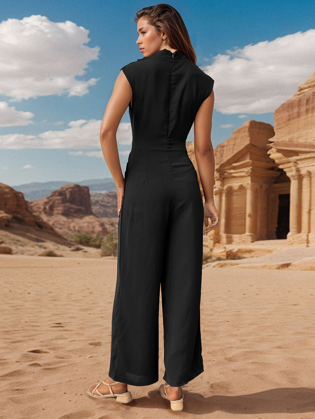 Ruched Mock Neck Sleeveless Jumpsuit – Sleek & Stylish