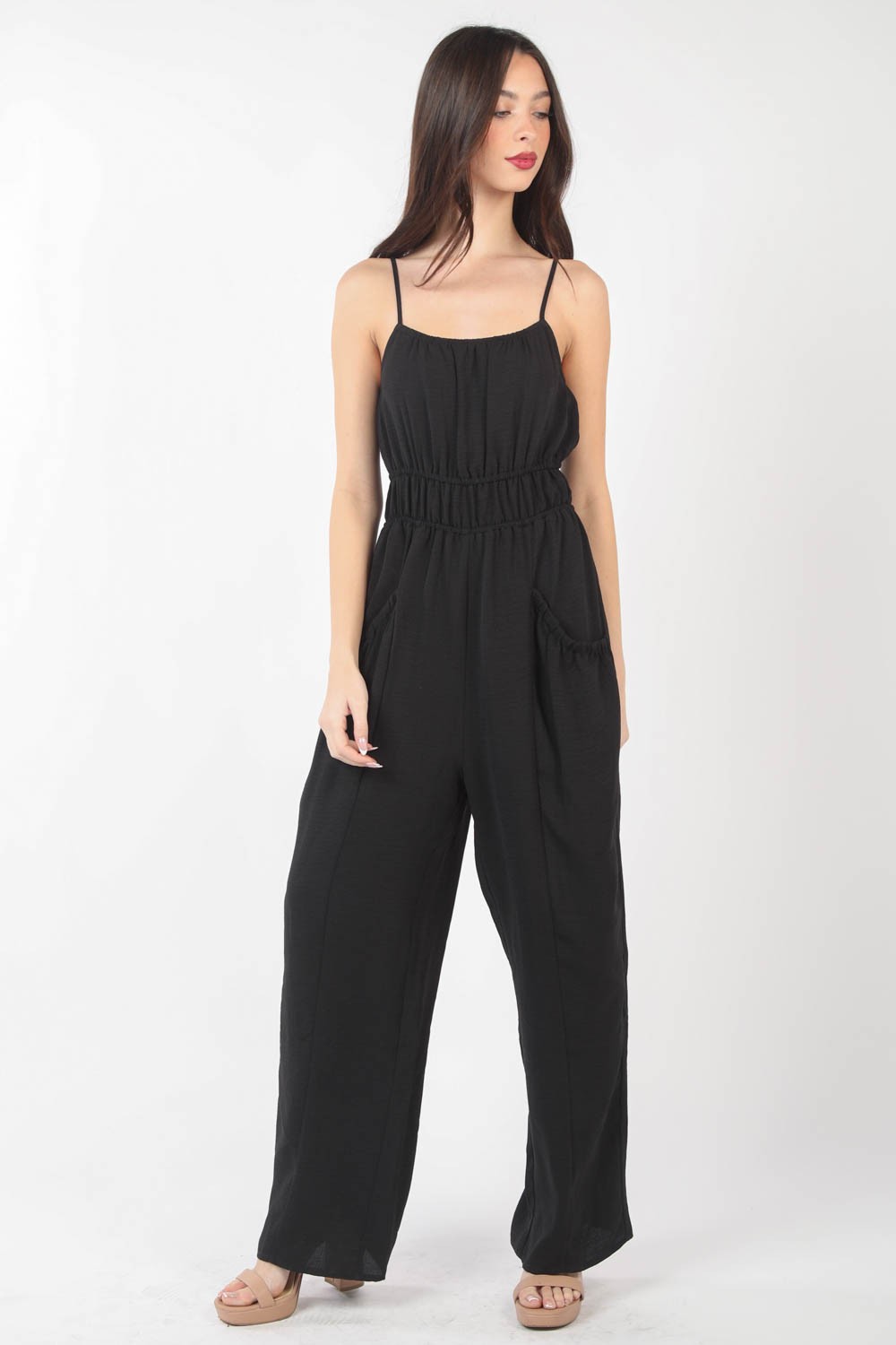 VERY J Pintuck Detail Woven Sleeveless Jumpsuit – Chic & Elegant