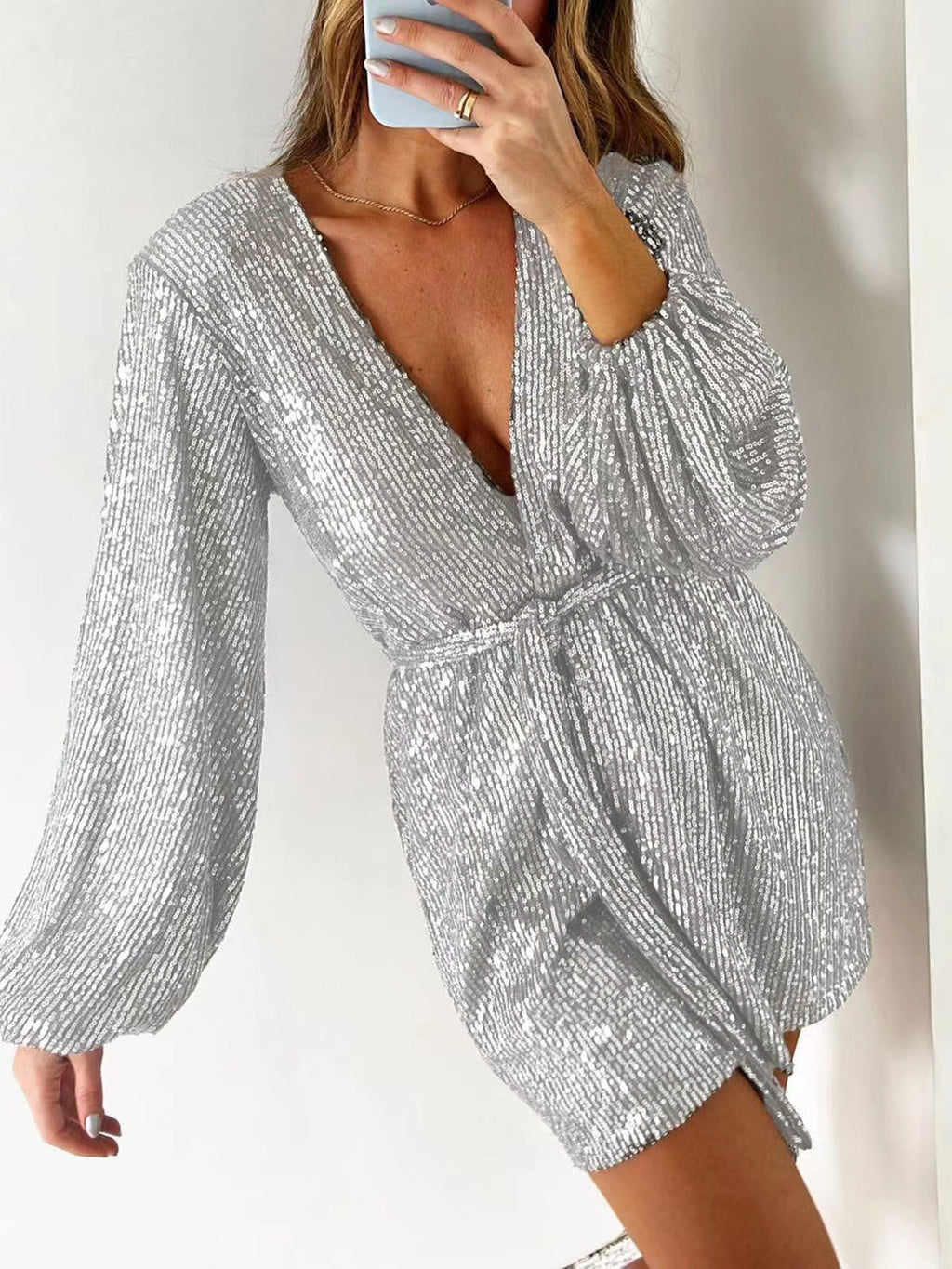 Full Size Sequin Surplice Romper | Glamorous Tie-Waist Long Sleeve One-Piece