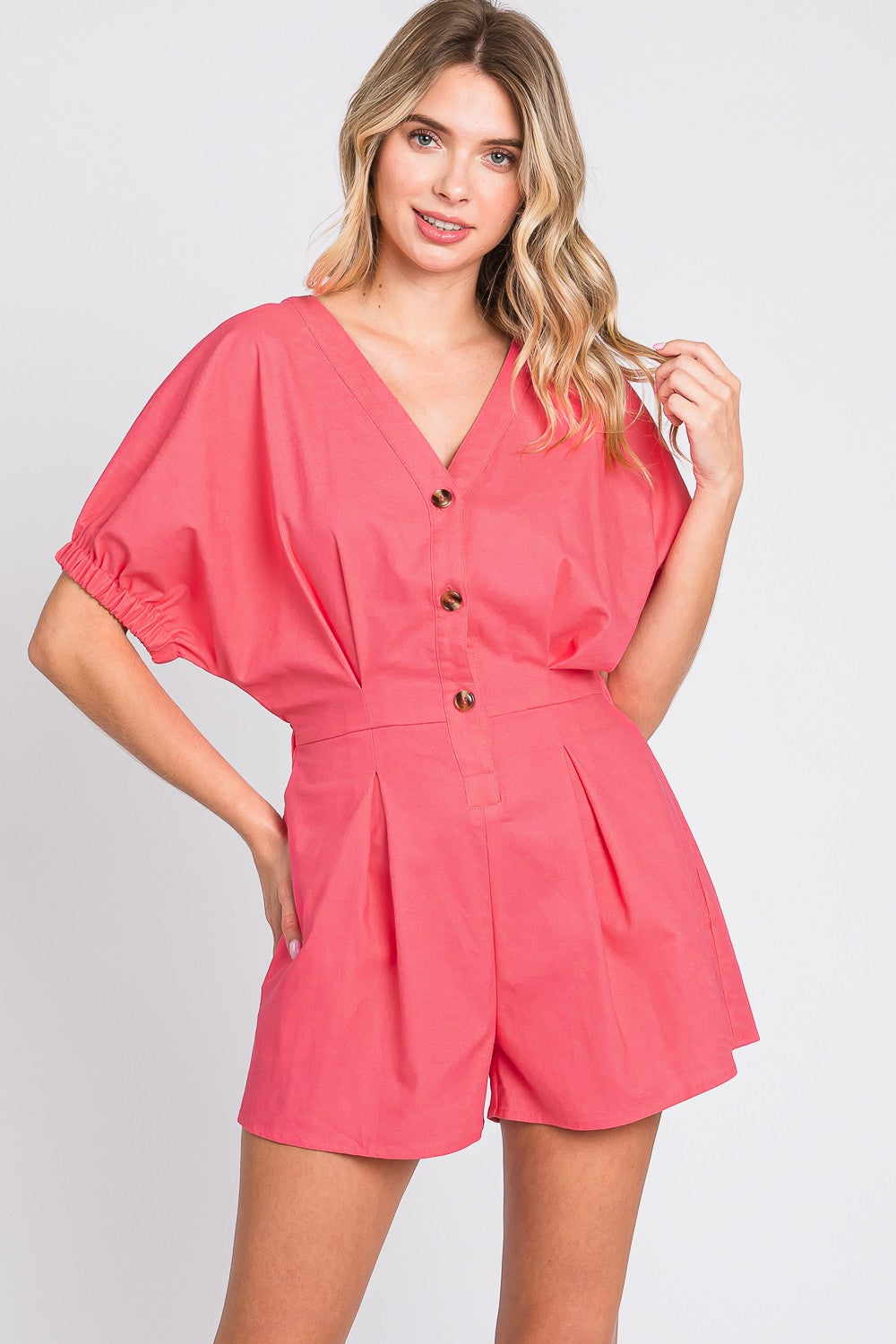 GeeGee Half Button V-Neck Linen Romper – Effortless & Chic