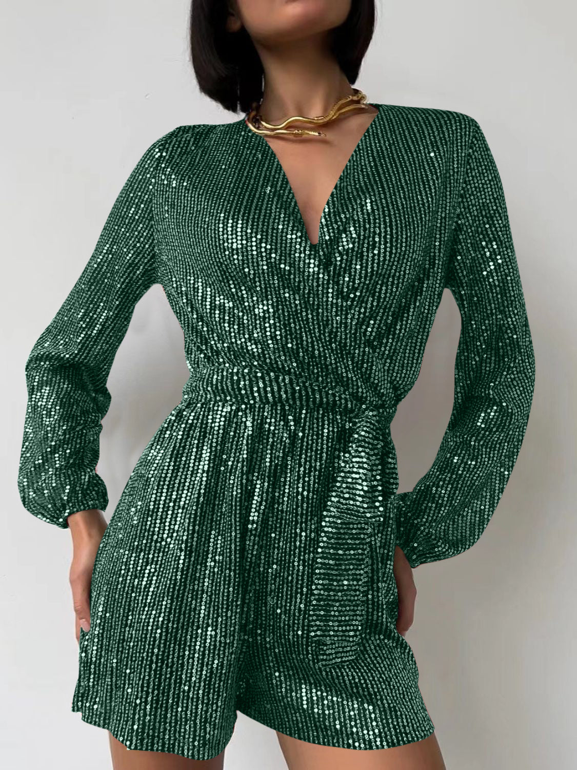 Full Size Sequin Surplice Romper | Glamorous Tie-Waist Long Sleeve One-Piece