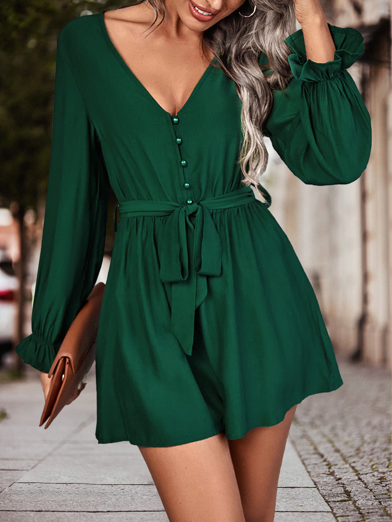 Long Flounce Sleeve V-Neck Romper – Elegant & Stylish