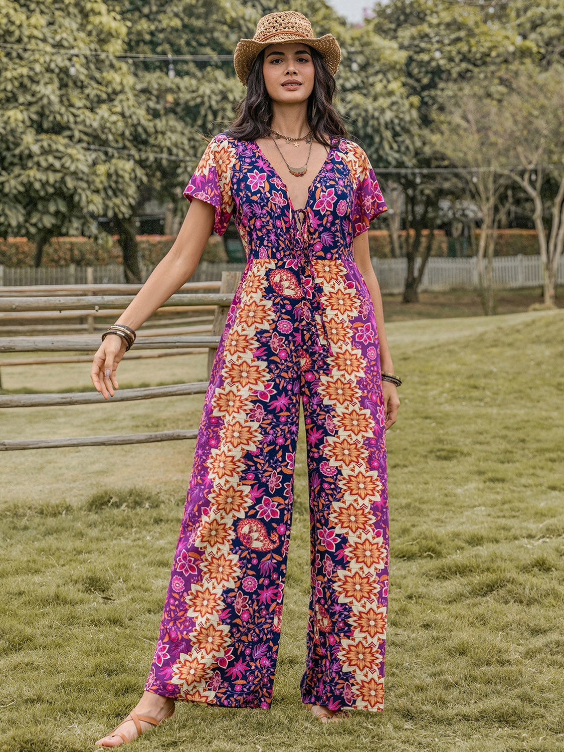 Tied V-Neck Short Sleeve Jumpsuit | Effortless Chic & Comfort