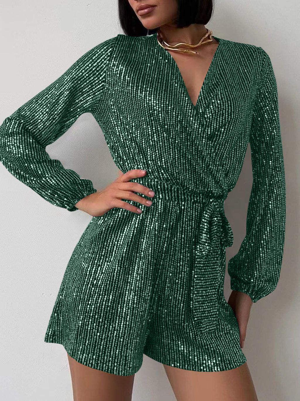 Full Size Sequin Surplice Romper | Glamorous Tie-Waist Long Sleeve One-Piece