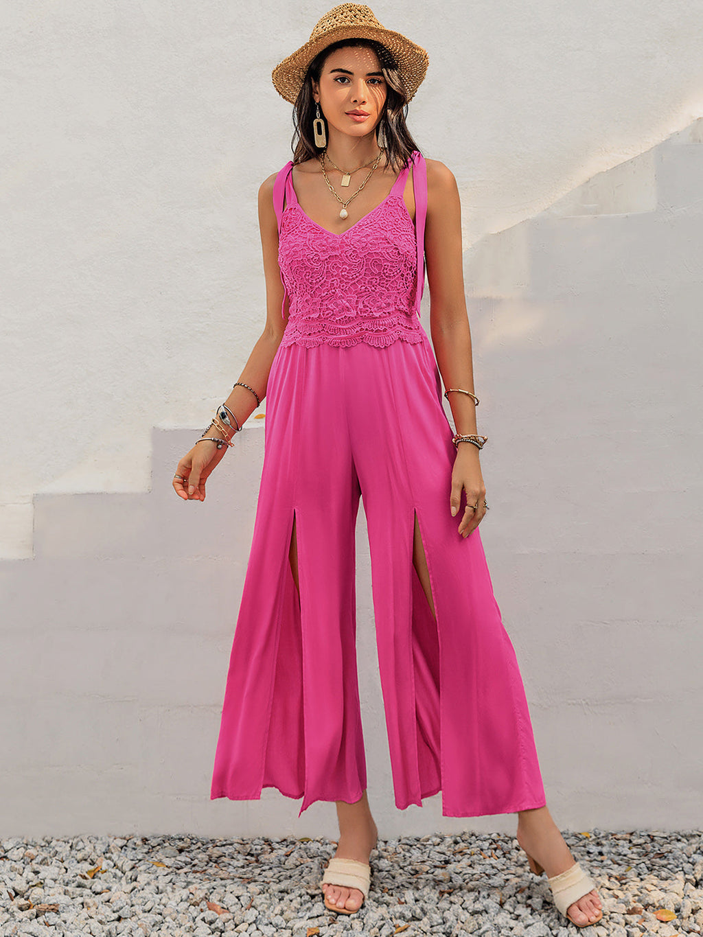 V-Neck Wide Strap Slit Jumpsuit – Elegant & Stylish