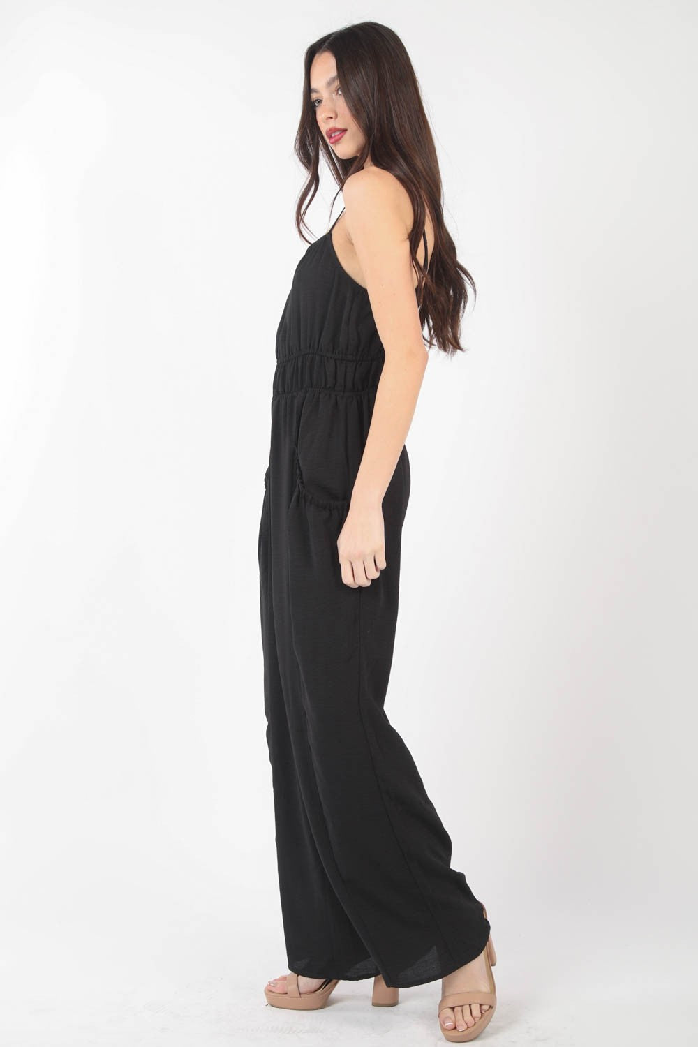 VERY J Pintuck Detail Woven Sleeveless Jumpsuit – Chic & Elegant