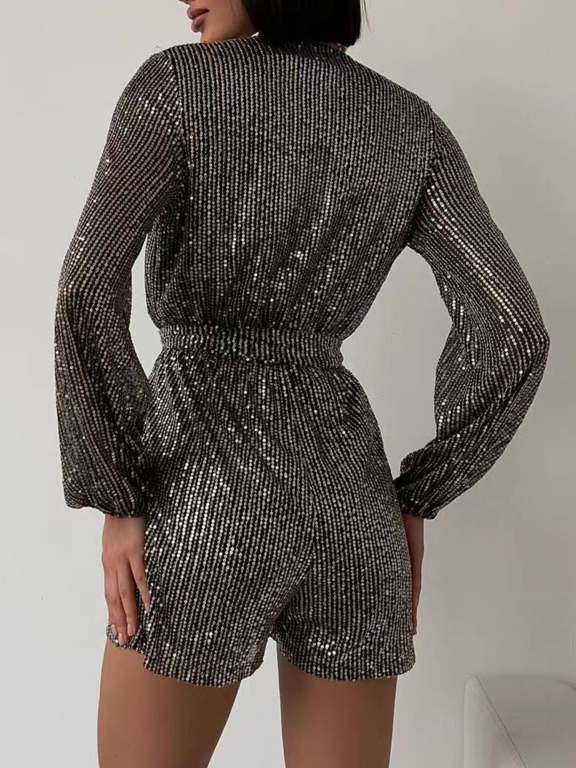 Full Size Sequin Surplice Romper | Glamorous Tie-Waist Long Sleeve One-Piece