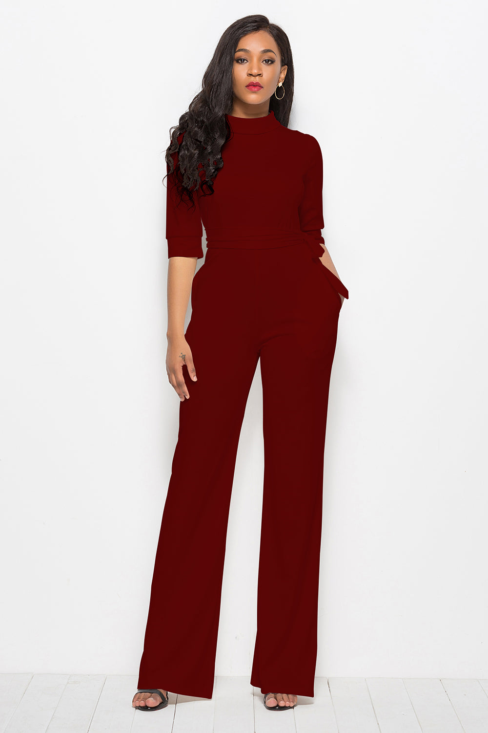 Mock Neck Tie-Waist Half Sleeve Jumpsuit – Chic & Elegant
