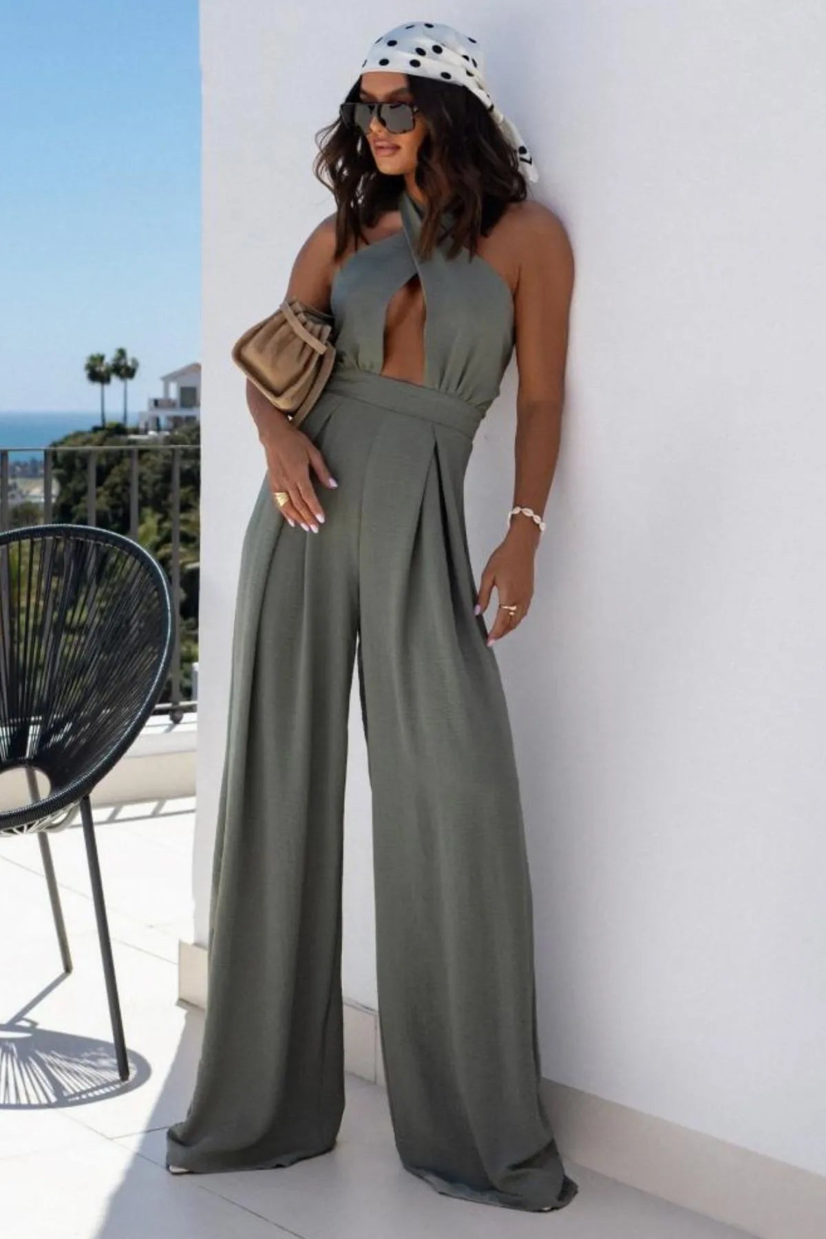 Halter Neck Wide Leg Jumpsuit with Keyhole Detail