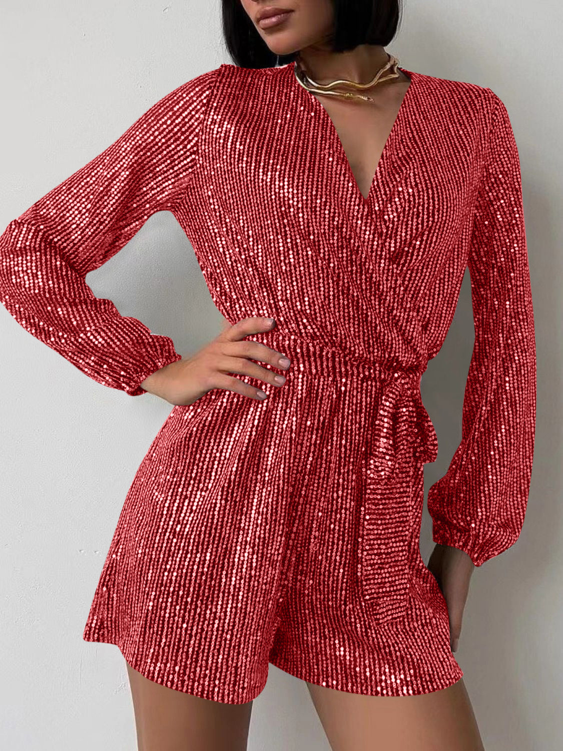Full Size Sequin Surplice Romper | Glamorous Tie-Waist Long Sleeve One-Piece