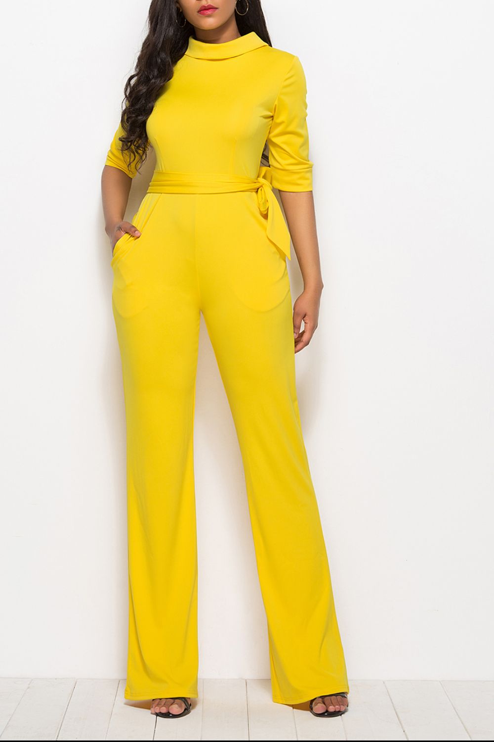 Mock Neck Tie-Waist Half Sleeve Jumpsuit – Chic & Elegant