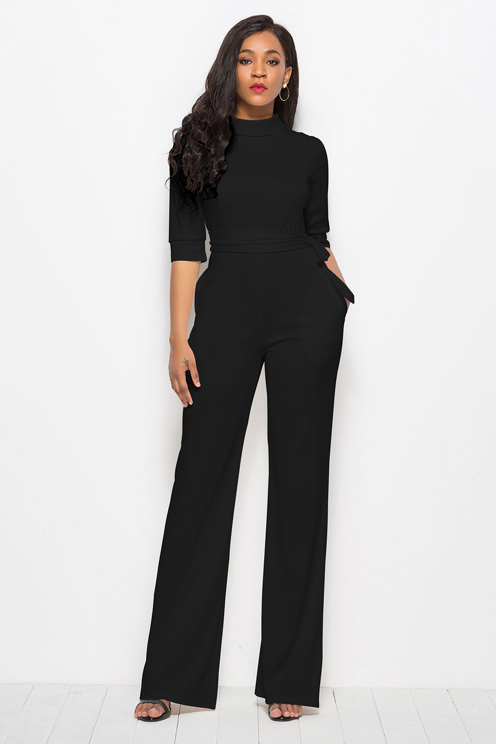 Mock Neck Tie-Waist Half Sleeve Jumpsuit – Chic & Elegant