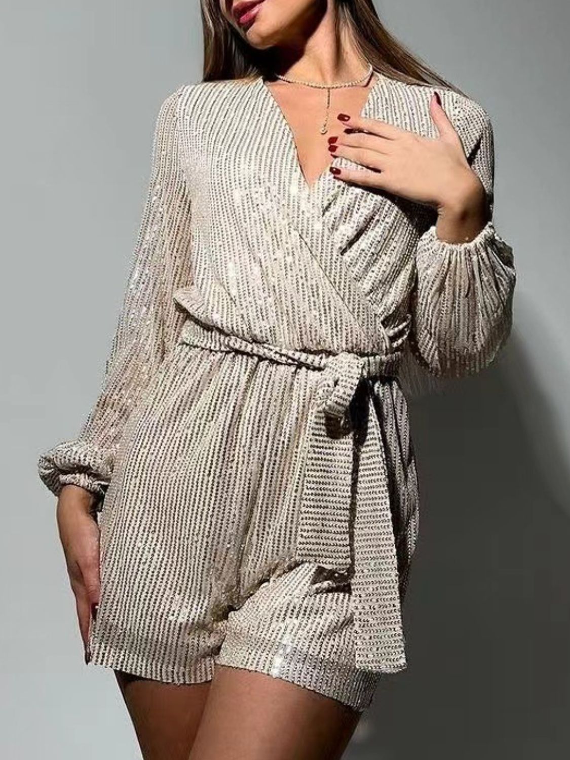 Full Size Sequin Surplice Romper | Glamorous Tie-Waist Long Sleeve One-Piece