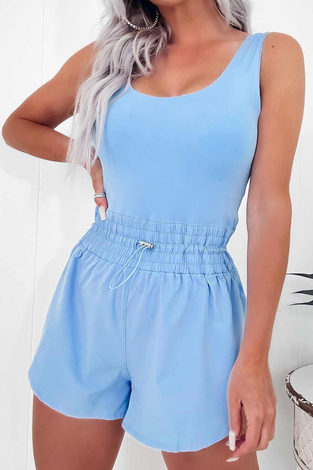 Drawstring Waist Scoop Neck Romper