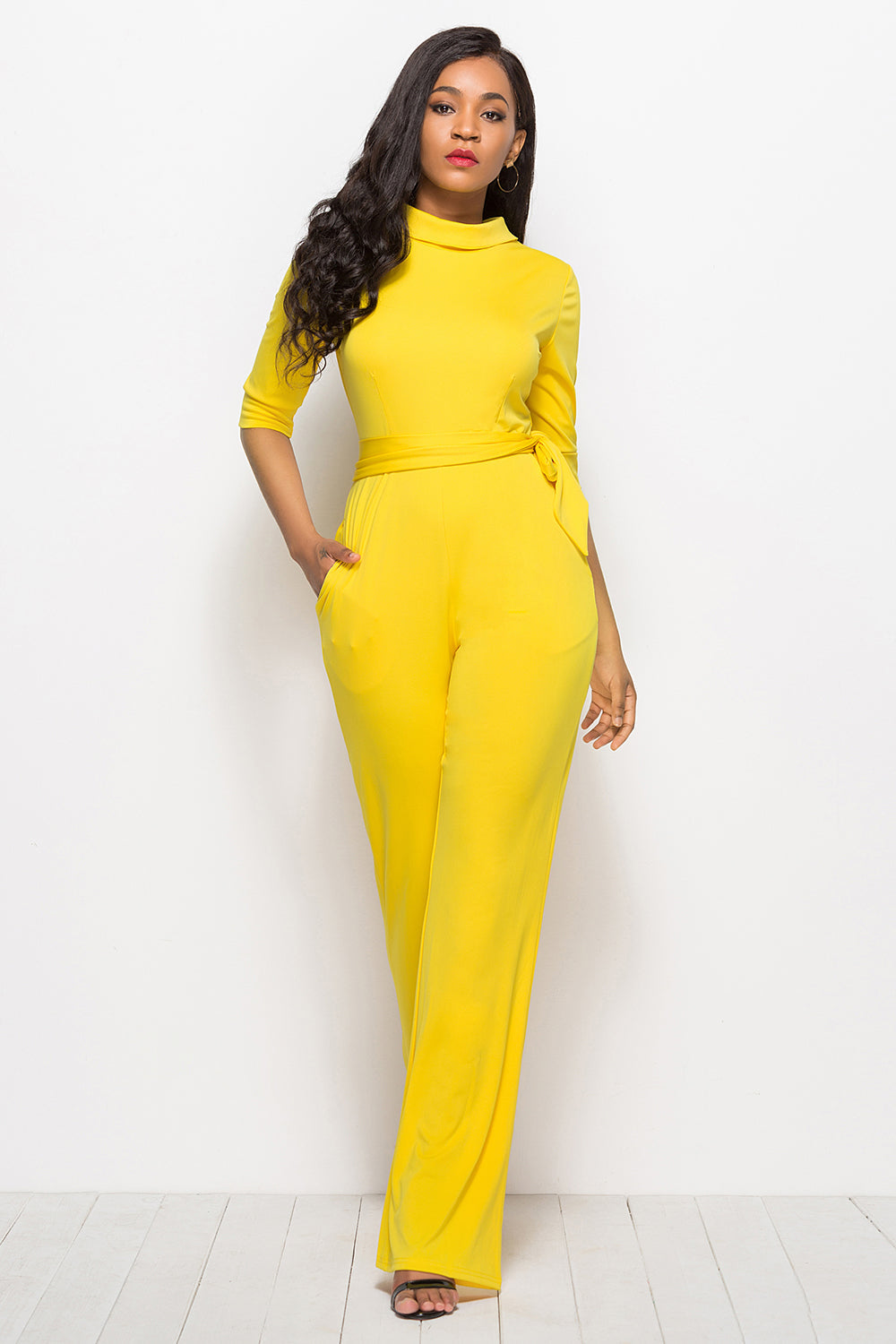 Mock Neck Tie-Waist Half Sleeve Jumpsuit – Chic & Elegant