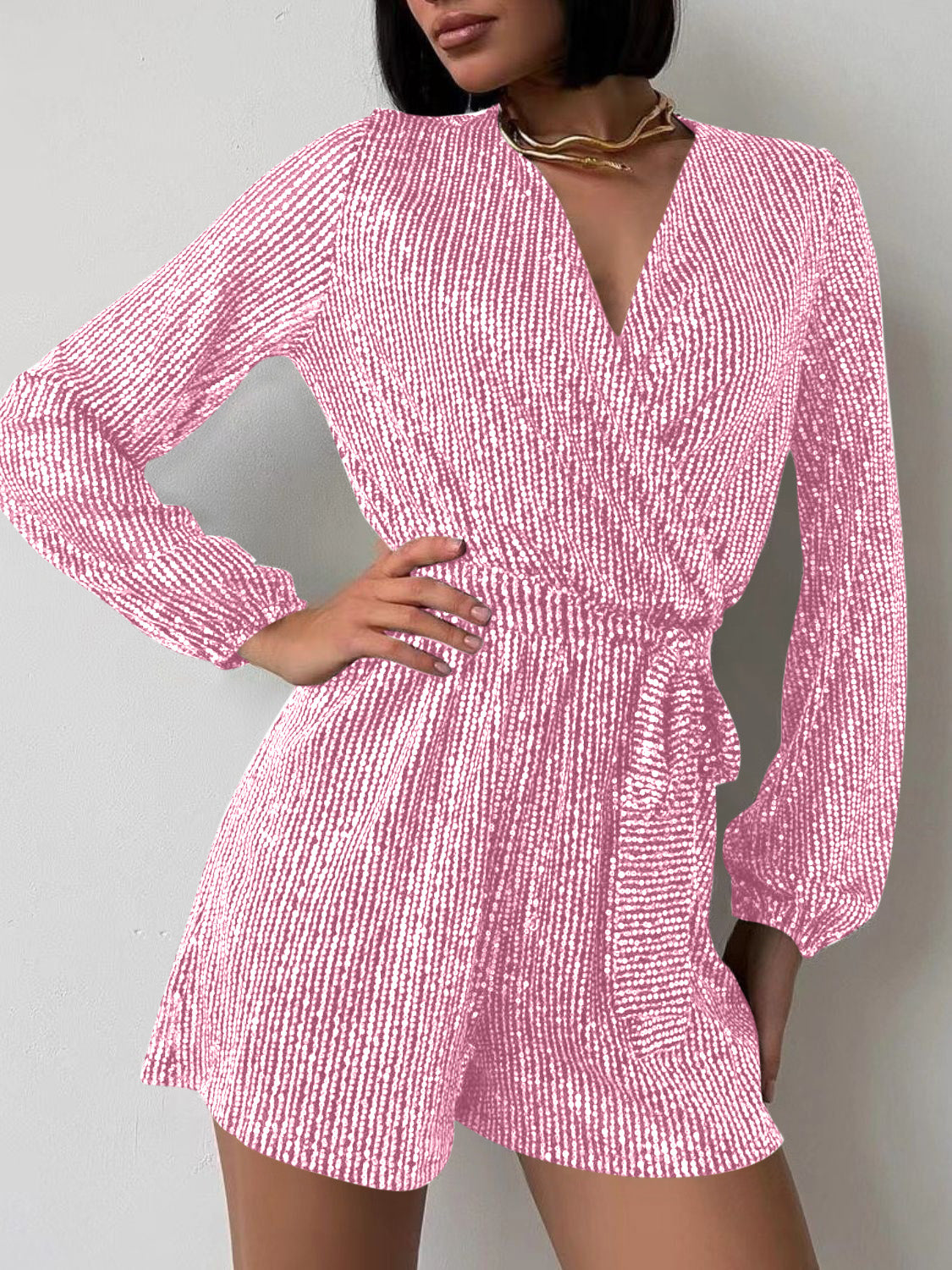 Full Size Sequin Surplice Romper | Glamorous Tie-Waist Long Sleeve One-Piece