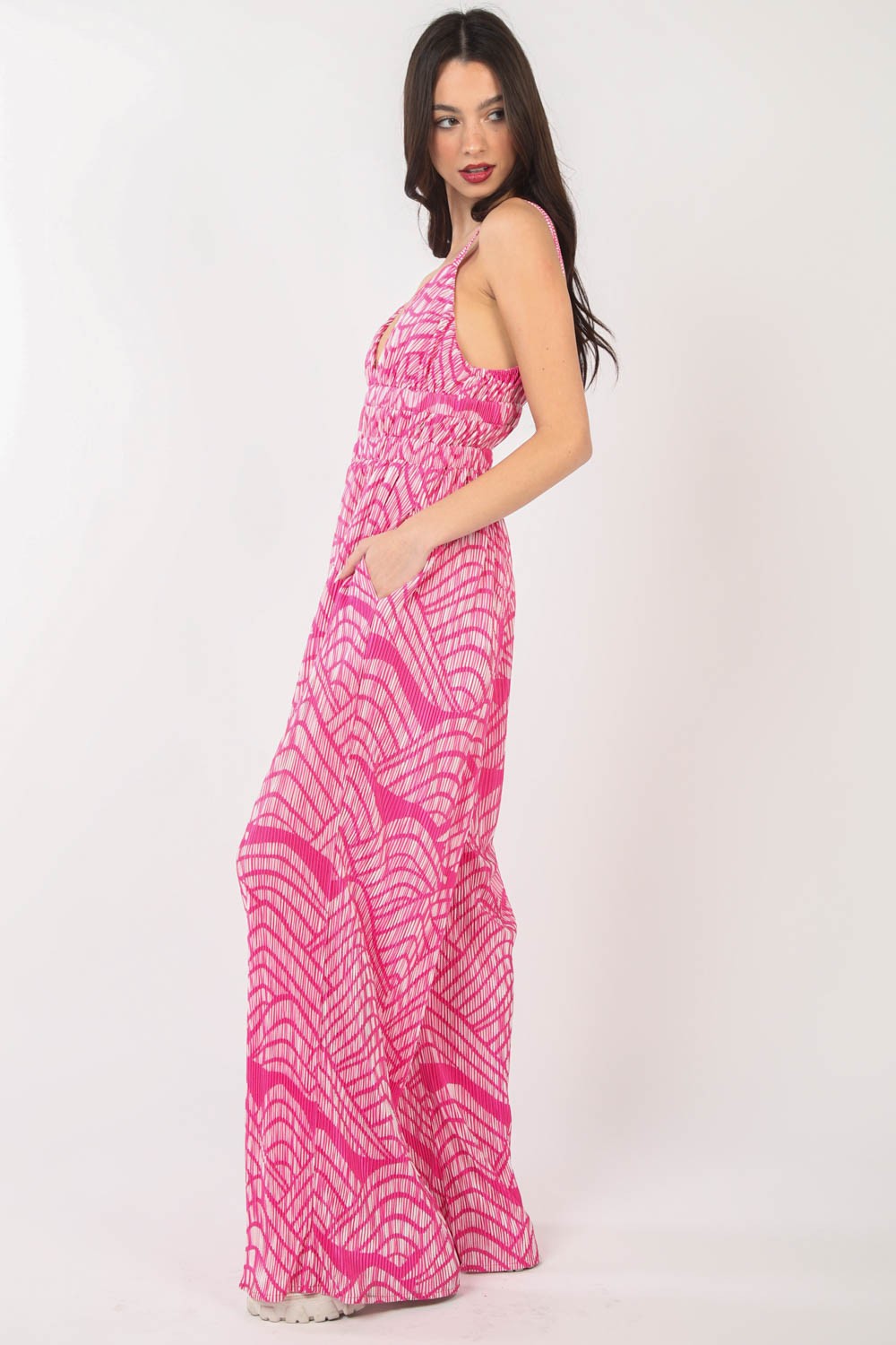 VERY J Printed Pleated Sleeveless Wide Leg Jumpsuit – Trendy & Elegant