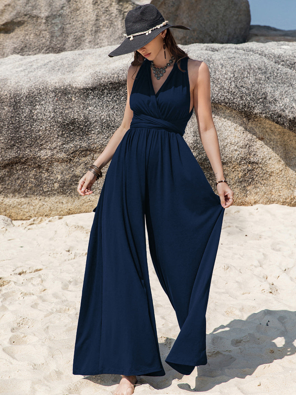 Surplice Wide Leg Jumpsuit with Free Tie – Elegant Vacation Outfit